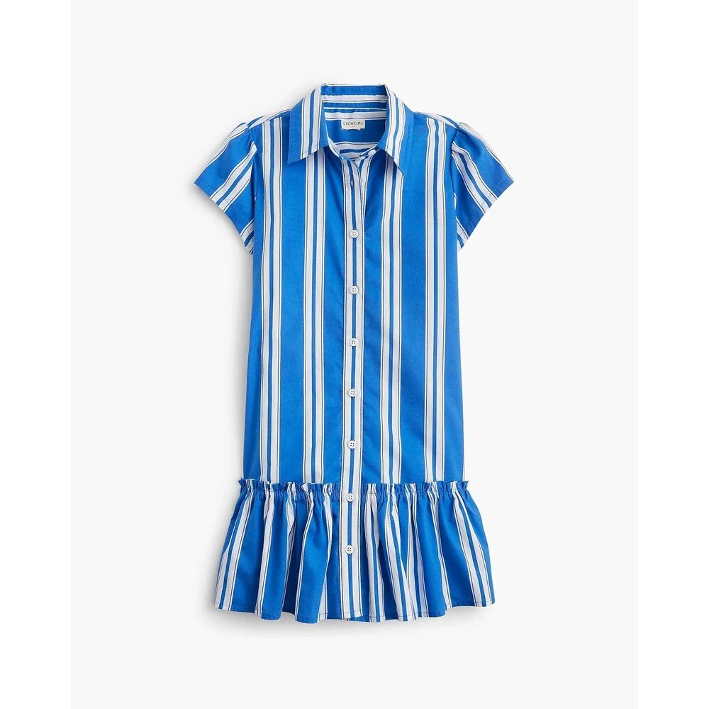 Crewcuts Girls Blue White Striped Ruffle‎ Shirtdress Size 14 NWT